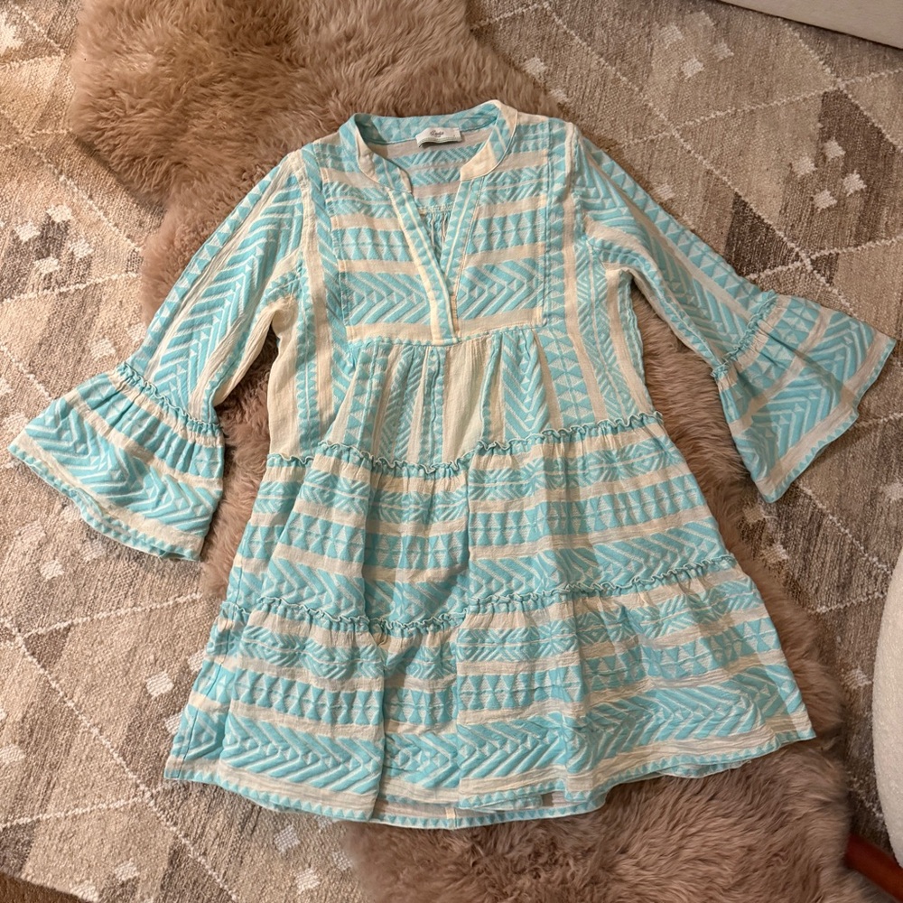 Devotion TWINS Ella Aqua Blue & White Long Sleeve Dress - Size Small - Picture 7 of 14